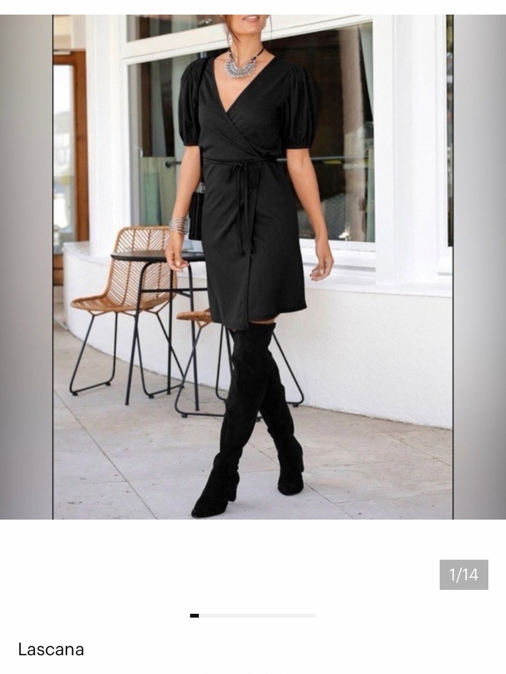 LASCANA Black Textured Wrap Dress Puff Sleeve V-Neck Tie Waist NWT Size 4